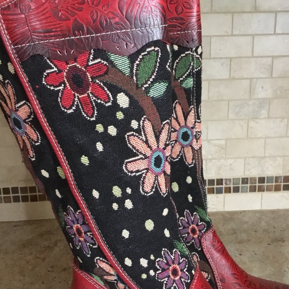 NEW Socofy Red Black Floral Boho Textile Tapestry Leather Tall Boots - Picture 5 of 13